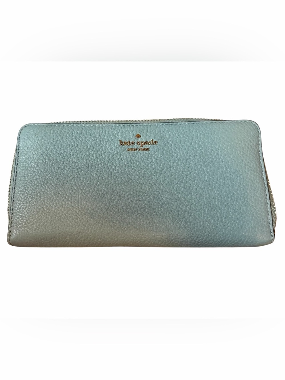 kate spade Light Aqua Pebbled Leather Zip Wallet with Gold Logo
